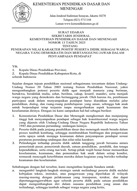 Kabar PAUD - Surat Edaran Sekretaris Jenderal Nomor 13 Tahun 2025