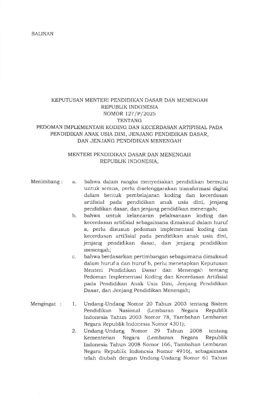 Kabar PAUD - Terbit Kepmendikdasmen No 127/2025 Tentang Pedoman Kurikulum Koding dan AI untuk Jenjang PAUD Dikdasmen Menuju Transformasi Pendidikan 