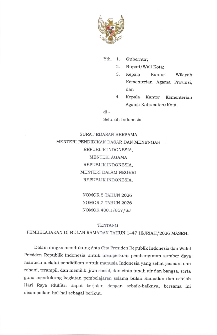 Kabar PAUD - Surat Edaran Bersama Pembelajaran di Bulan Ramadan 1447 H/2026 M, Libur Bersama Idul Fitri 16 Hingga 27 Maret 2026