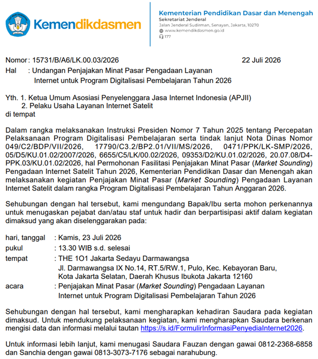 Kabar PAUD - Penjajakan Minat Pasar Pengadaan Layanan Internet untuk Program Digitalisasi Pembelajaran Tahun 2026