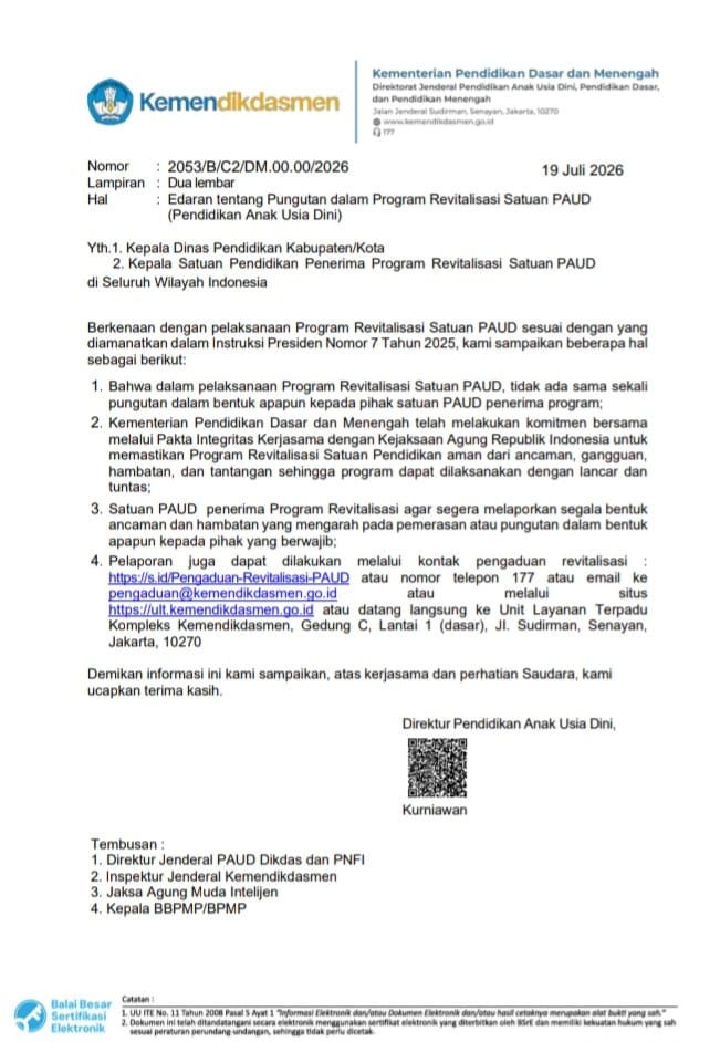 Kabar PAUD - Kolaborasi Kemendikdasmen dan Kejaksaan Agung RI Basmi Pungli Program Revitalisasi, Setiap Upaya Pemerasan Dana PHTC Presiden Wajib Dilaporkan 