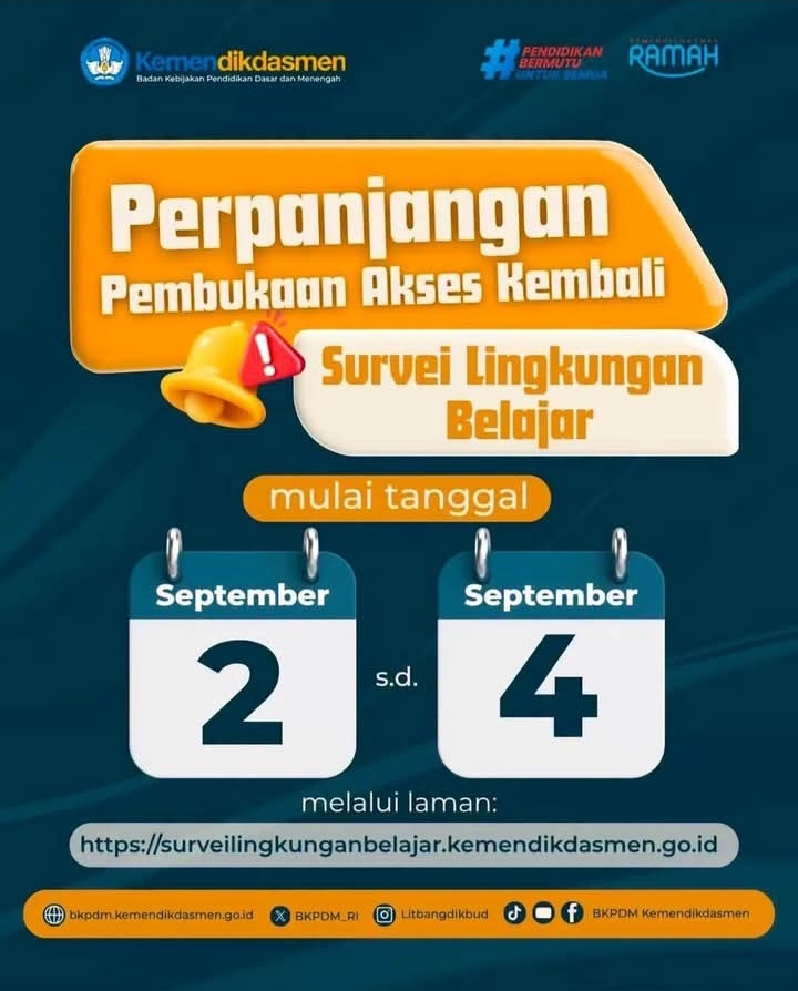 Perpanjangan Waktu Pengisian Survei Lingkungan Belajar, Dibuka Lagi 2 - 4 September, Data Penting untuk Asesmen Nasional dan Peta Jalan Pendidikan